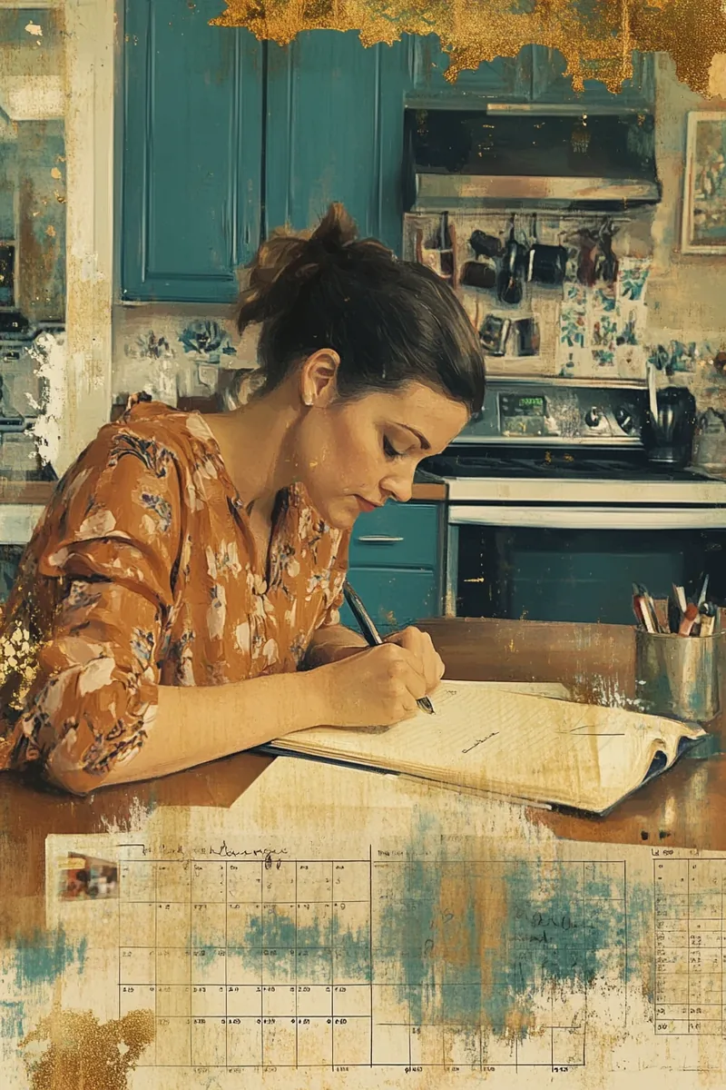 American woman writing in budget planner at desk