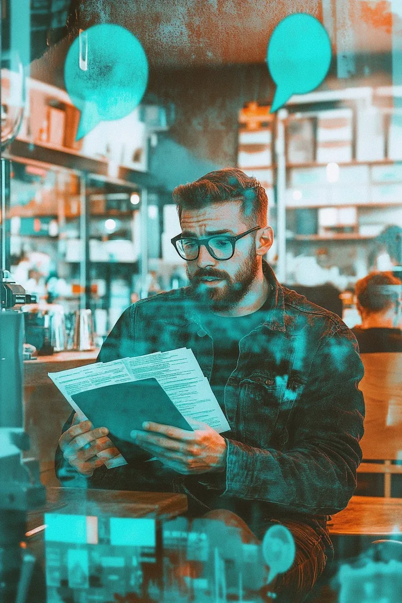 Focused American man reading Security Loans FAQ on tablet at coffee shop