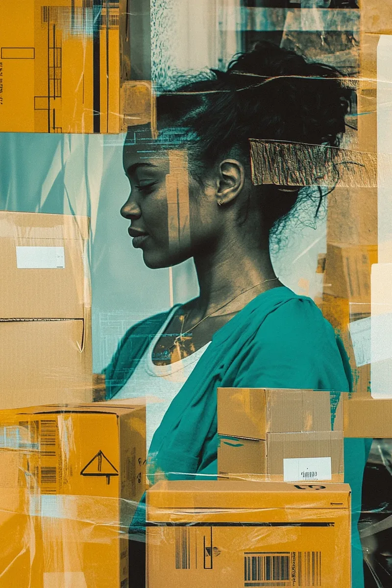 American woman labeling moving boxes in her bedroom — relocation funded by security finance