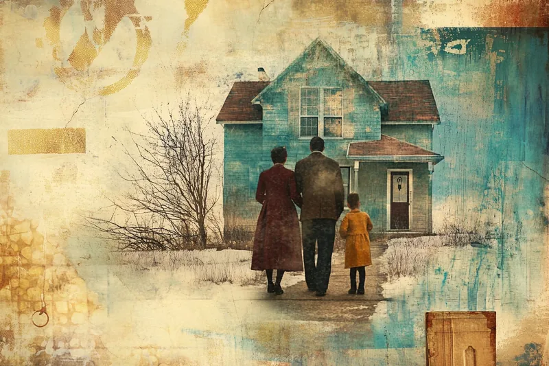 Cheerful American family at doorstep of new home — moving loan from security loans